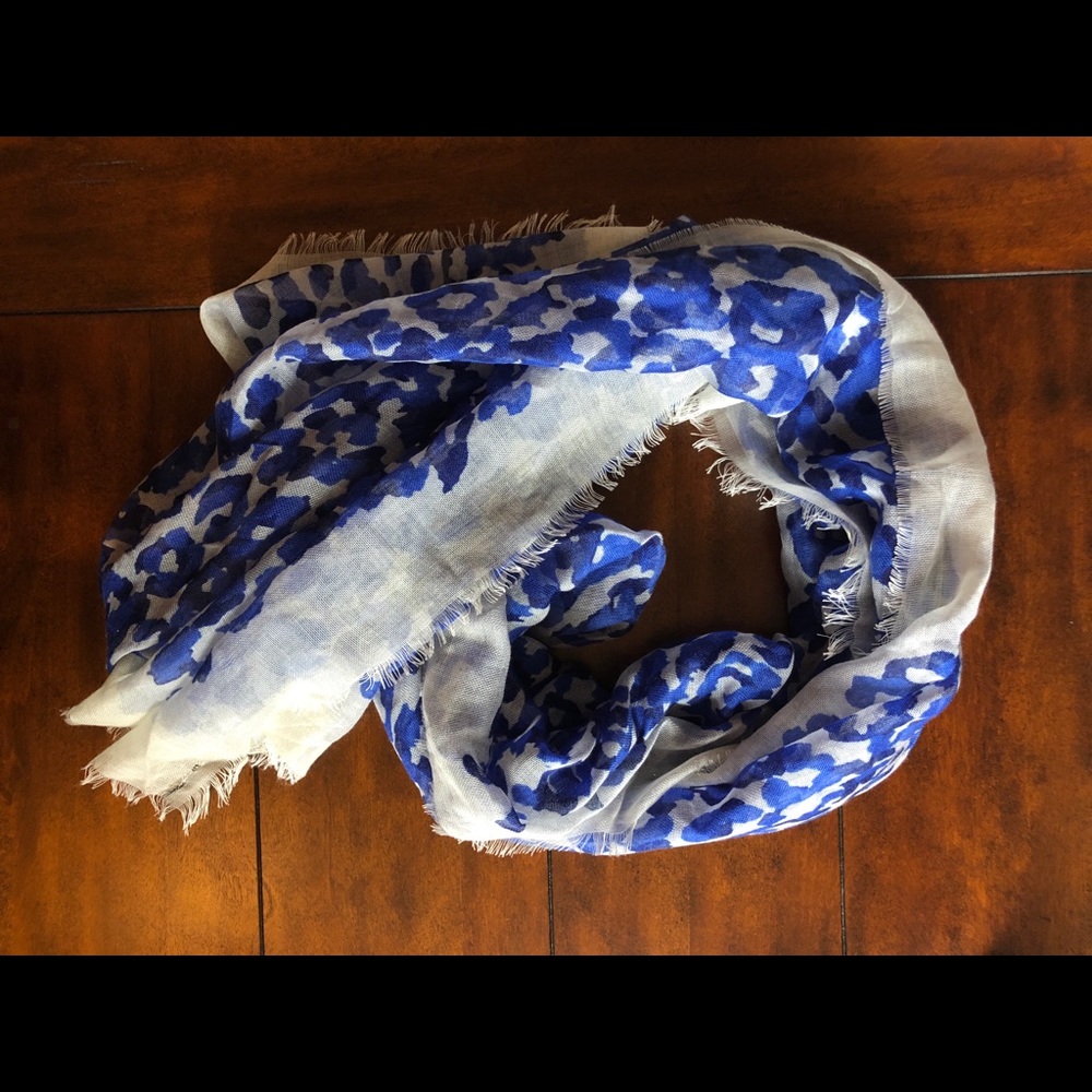 Blue Cheetah Print scarf with Rough Fringe Edge